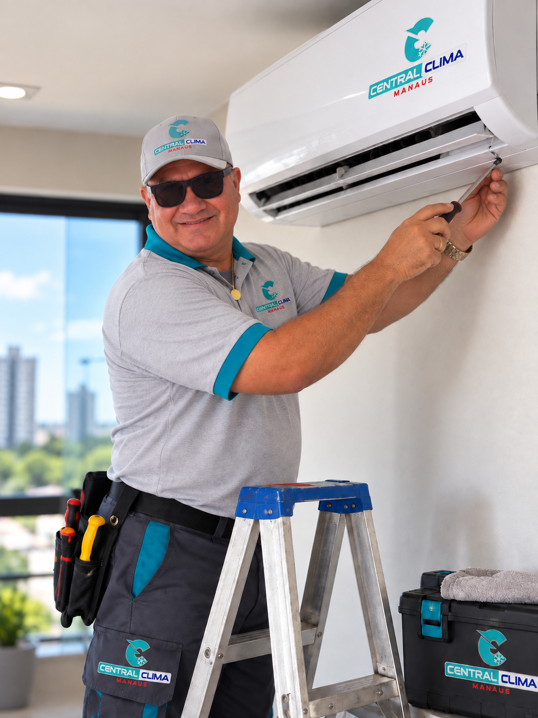 Profissional da Central Clima Manaus realizando manutenção de ar-condicionado